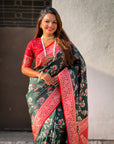 Bottle Green Banarasi Zari Woven Contrast Jaal Silk Saree