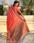 Peach Soft Silk Meenakari Madhubani Saree
