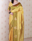 Dusty Yellow Soft Silk Zari Woven Leaf Pattern Saree