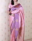 Dusty Baby Pink Soft Silk Zari Woven Leaf Pattern Saree