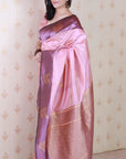 Dusty Baby Pink Soft Silk Zari Woven Leaf Pattern Saree