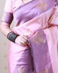 Dusty Baby Pink Soft Silk Zari Woven Leaf Pattern Saree