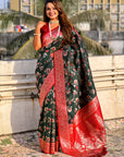 Bottle Green Banarasi Zari Woven Contrast Jaal Silk Saree