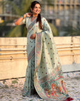 Sky Blue Soft Silk Meenakari Madhubani Saree