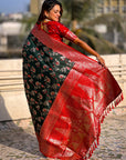 Bottle Green Banarasi Zari Woven Contrast Jaal Silk Saree
