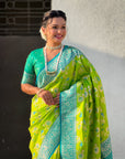 Parrot Green Blue Banarasi Zari Woven Contrast Jaal Silk Saree