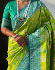 Parrot Green Blue Banarasi Zari Woven Contrast Jaal Silk Saree