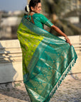Parrot Green Blue Banarasi Zari Woven Contrast Jaal Silk Saree