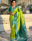 Parrot Green Blue Banarasi Zari Woven Contrast Jaal Silk Saree