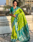 Parrot Green Blue Banarasi Zari Woven Contrast Jaal Silk Saree