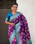 Purple Banarasi Zari Woven Contrast Jaal Silk Saree