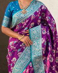 Purple Banarasi Zari Woven Contrast Jaal Silk Saree