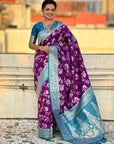 Purple Banarasi Zari Woven Contrast Jaal Silk Saree
