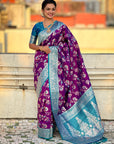 Purple Banarasi Zari Woven Contrast Jaal Silk Saree