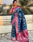Blue Banarasi Zari Woven Contrast Jaal Silk Saree