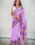 Lavender Chanderi Cotton Pichwai Printed Saree with Contrast Zari Woven Border