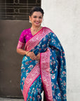 Blue Banarasi Zari Woven Contrast Jaal Silk Saree