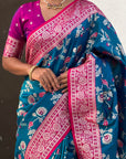 Blue Banarasi Zari Woven Contrast Jaal Silk Saree