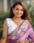 Lavender Chanderi Cotton Pichwai Printed Saree with Contrast Zari Woven Border