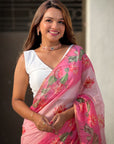 Baby Pink Chanderi Cotton Pichwai Printed Saree with Contrast Zari Woven Border
