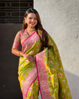 Mehendi Green Banarasi Zari Woven Contrast Jaal Silk Saree