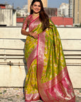 Mehendi Green Banarasi Zari Woven Contrast Jaal Silk Saree