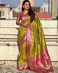 Mehendi Green Banarasi Zari Woven Contrast Jaal Silk Saree