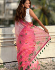 Baby Pink Chanderi Cotton Pichwai Printed Saree with Contrast Zari Woven Border