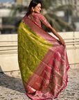 Mehendi Green Banarasi Zari Woven Contrast Jaal Silk Saree