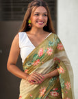 Mehendi Green Chanderi Cotton Pichwai Printed Saree with Contrast Zari Woven Border