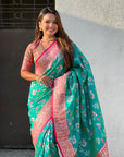 Aqua Blue Banarasi Zari Woven Contrast Jaal Silk Saree