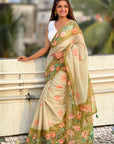 Mehendi Green Chanderi Cotton Pichwai Printed Saree with Contrast Zari Woven Border