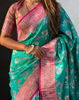Aqua Blue Banarasi Zari Woven Contrast Jaal Silk Saree