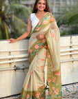 Mehendi Green Chanderi Cotton Pichwai Printed Saree with Contrast Zari Woven Border