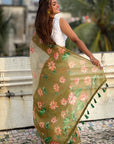 Mehendi Green Chanderi Cotton Pichwai Printed Saree with Contrast Zari Woven Border