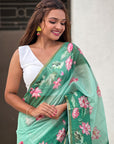 Sea Green Chanderi Cotton Pichwai Printed Saree with Contrast Zari Woven Border