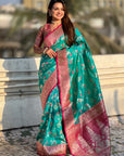 Aqua Blue Banarasi Zari Woven Contrast Jaal Silk Saree