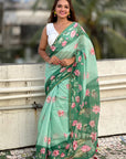 Sea Green Chanderi Cotton Pichwai Printed Saree with Contrast Zari Woven Border