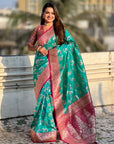 Aqua Blue Banarasi Zari Woven Contrast Jaal Silk Saree