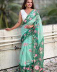 Sea Green Chanderi Cotton Pichwai Printed Saree with Contrast Zari Woven Border