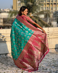 Aqua Blue Banarasi Zari Woven Contrast Jaal Silk Saree