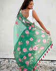 Sea Green Chanderi Cotton Pichwai Printed Saree with Contrast Zari Woven Border