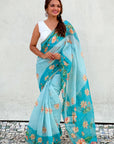 Sky Blue Chanderi Cotton Pichwai Printed Saree with Contrast Zari Woven Border