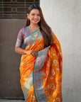 Orange Banarasi Zari Woven Contrast Jaal Silk Saree