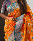 Orange Banarasi Zari Woven Contrast Jaal Silk Saree