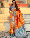 Orange Banarasi Zari Woven Contrast Jaal Silk Saree