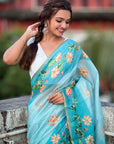 Sky Blue Chanderi Cotton Pichwai Printed Saree with Contrast Zari Woven Border