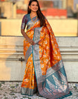 Orange Banarasi Zari Woven Contrast Jaal Silk Saree