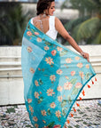Sky Blue Chanderi Cotton Pichwai Printed Saree with Contrast Zari Woven Border