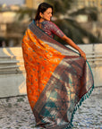 Orange Banarasi Zari Woven Contrast Jaal Silk Saree